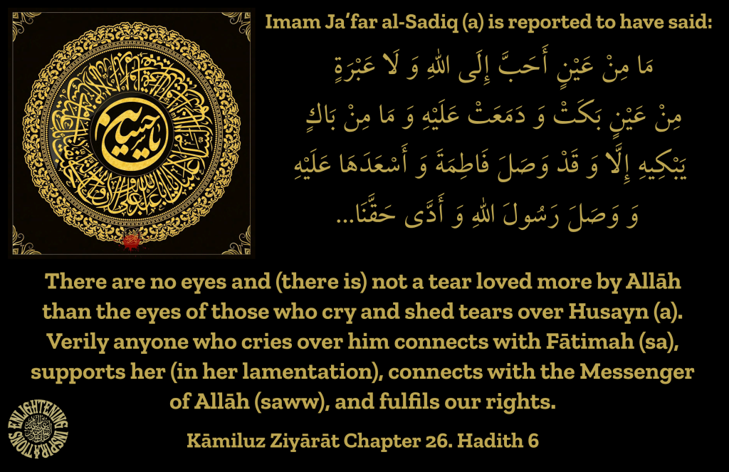 There are no eyes and (there is) not a tear loved more by Allāh 
than the eyes of those who cry and shed tears over Husayn (a). 
Verily anyone who cries over him connects with Fātimah (sa), 
supports her (in her lamentation), connects with the Messenger 
of Allāh (saww), and fulfils our rights. 

Kāmiluz Ziyārāt Chapter 26. Hadith 6