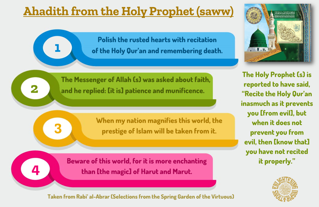 The Holy Prophet (s) is reported to have said, “Recite the Holy Qur’an inasmuch as it prevents you [from evil], but when it does not 
prevent you from 
evil, then [know that] 
you have not recited 
it properly.”