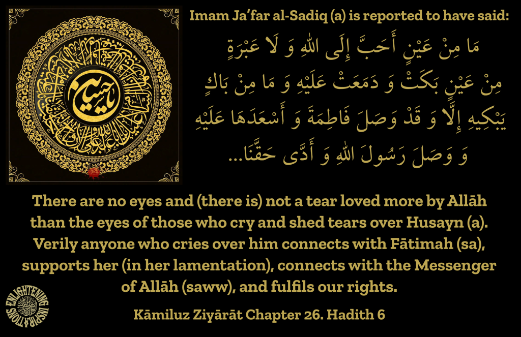 There are no eyes and (there is) not a tear loved more by Allāh
than the eyes of those who cry and shed tears over Husayn (a).
Verily anyone who cries over him connects with Fātimah (sa),
supports her (in her lamentation), connects with the Messenger
of Allāh (saww), and fulfils our rights.
Kāmiluz Ziyārāt Chapter 26. Hadith 6
