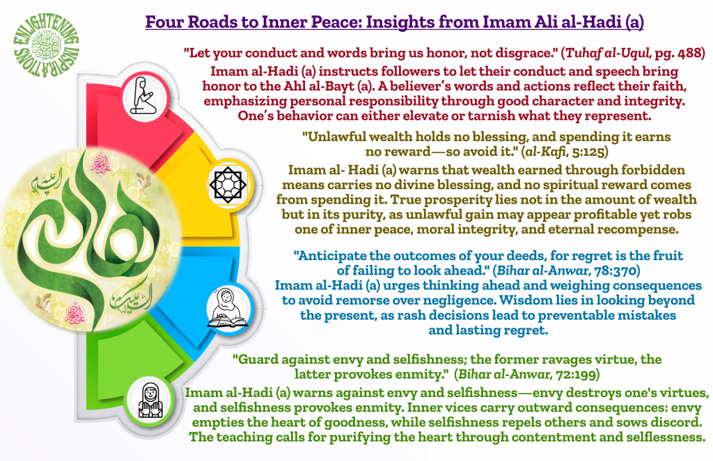 "Anticipate the outcomes of your deeds, for regret is the fruit of failing to look ahead." (Bihar al-Anwar, 78:370)
Imam al-Hadi (a) urges thinking ahead and weighing consequences to avoid remorse over negligence. Wisdom lies in looking beyond
the present, as rash decisions lead to preventable mistakes and lasting regret.